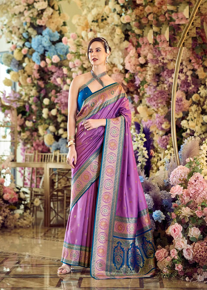 Dusty Purple Pure Soft Banarasi Silk Saree with Zari Weaving & Contrast Border
