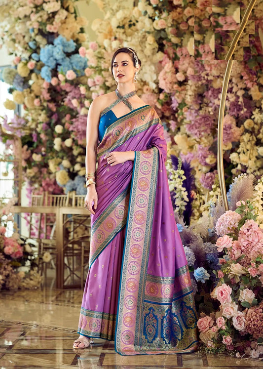 Dusty Purple Pure Soft Banarasi Silk Saree with Zari Weaving & Contrast Border