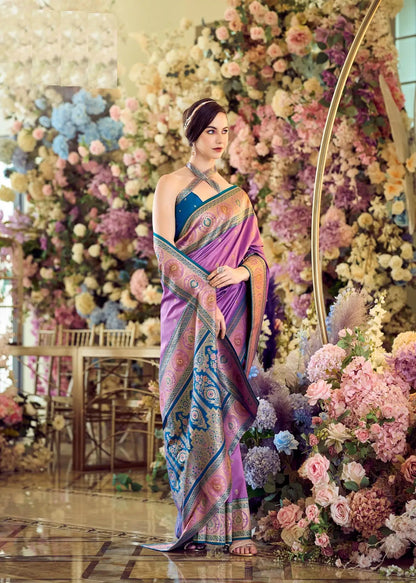 Dusty Purple Pure Soft Banarasi Silk Saree with Zari Weaving & Contrast Border