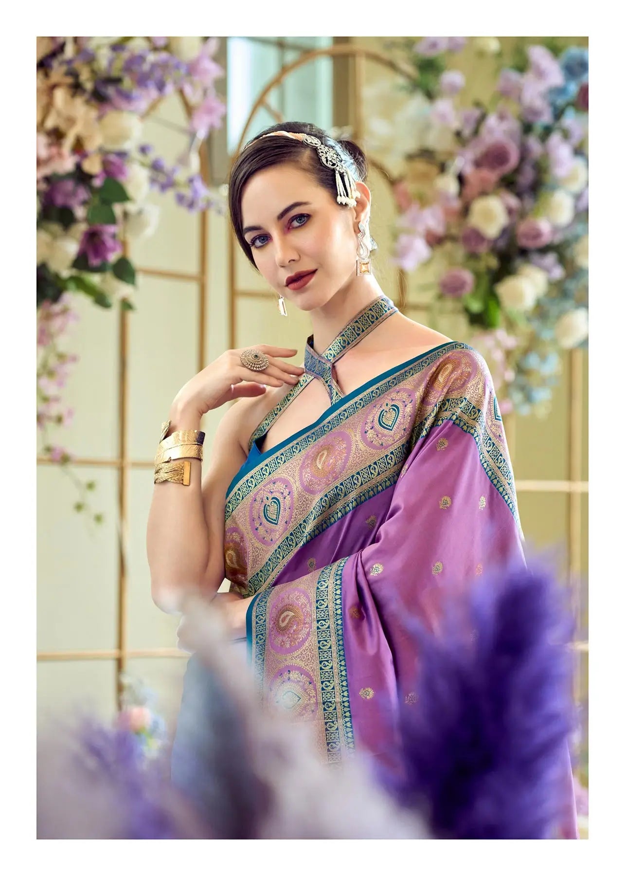 Dusty Purple Pure Soft Banarasi Silk Saree with Zari Weaving & Contrast Border