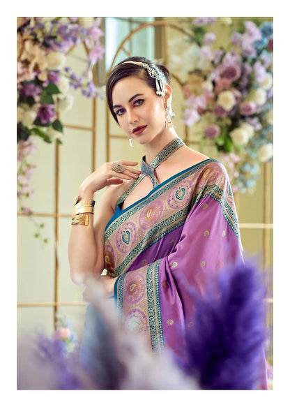 Dusty Purple Pure Soft Banarasi Silk Saree with Zari Weaving & Contrast Border
