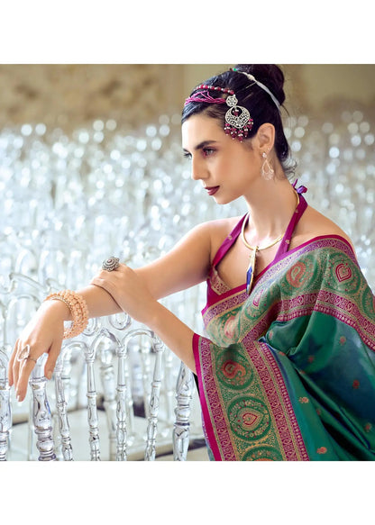 Teal Green Pure Soft Banarasi Silk Saree with Zari Weaving & Contrast Border
