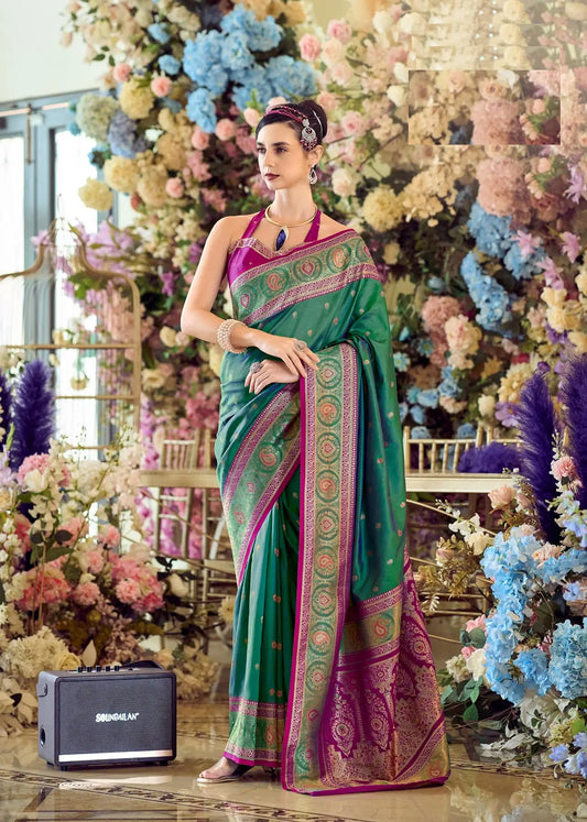 Teal Green Pure Soft Banarasi Silk Saree with Zari Weaving & Contrast Border