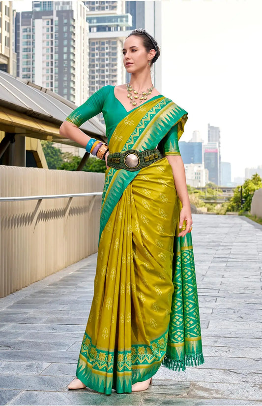 Yellow Soft Silk Temple Border Saree with  Zari Weaving
