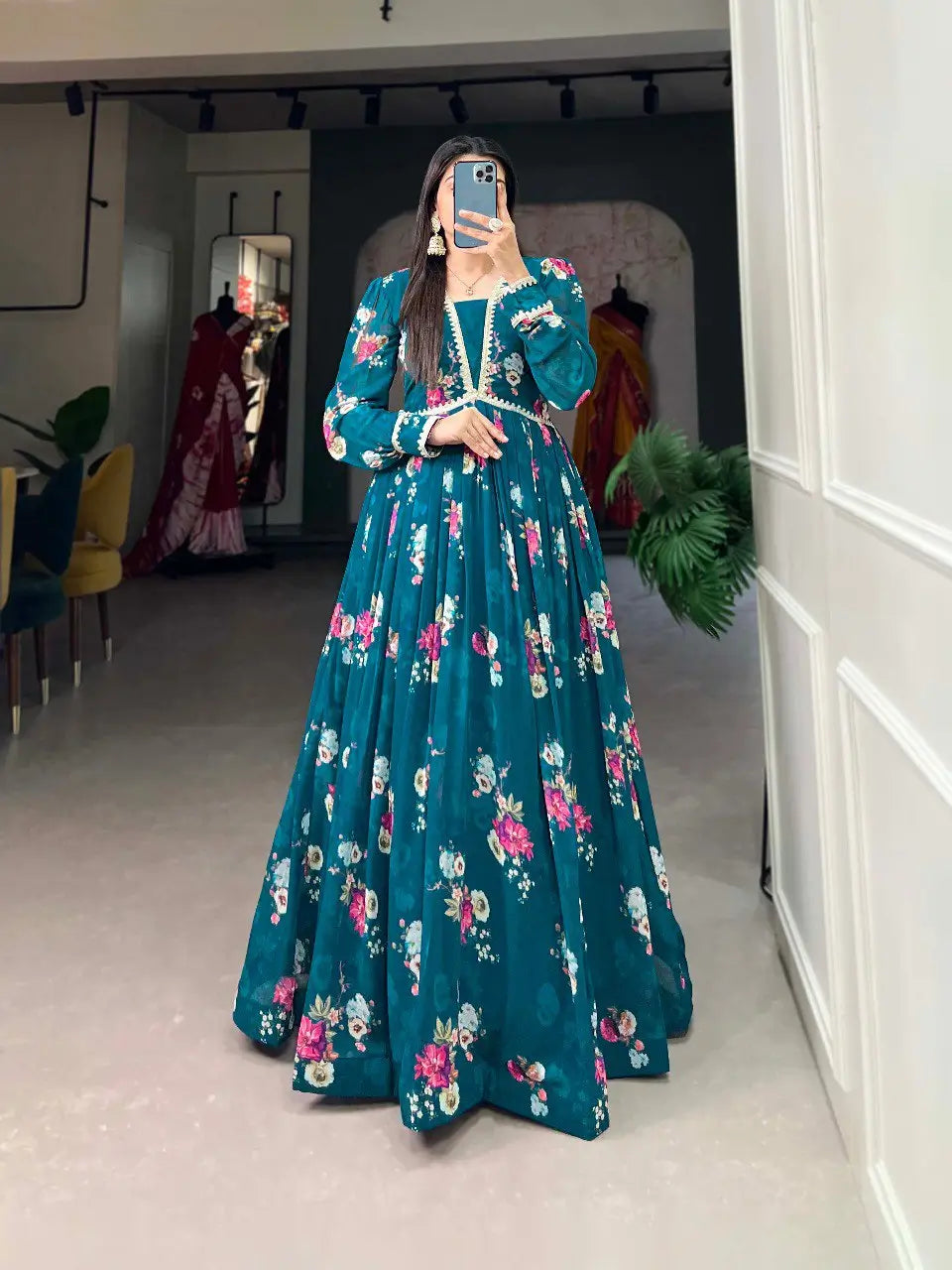 Dark Teal Blue Floral Print Georgette Gown